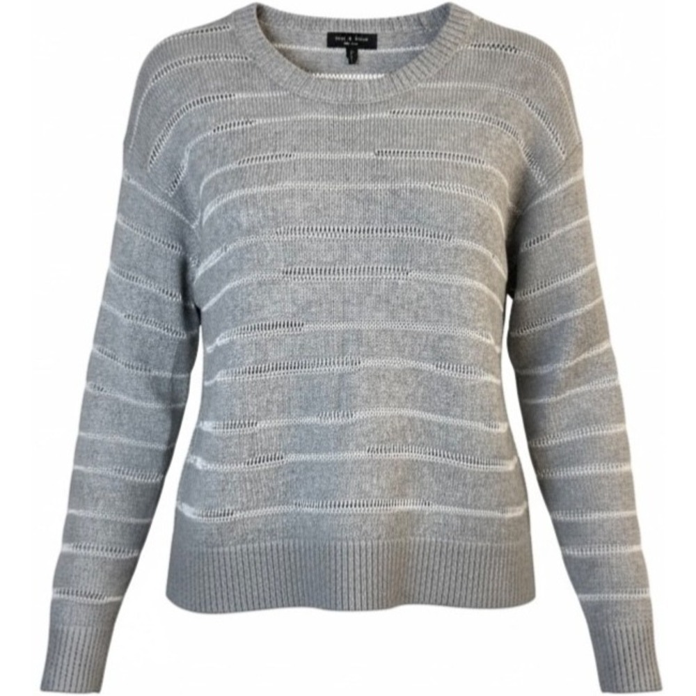 Rag‎ & Bone Women's Gray Open Knit Striped Crew Neck Sweater Large Lightweight